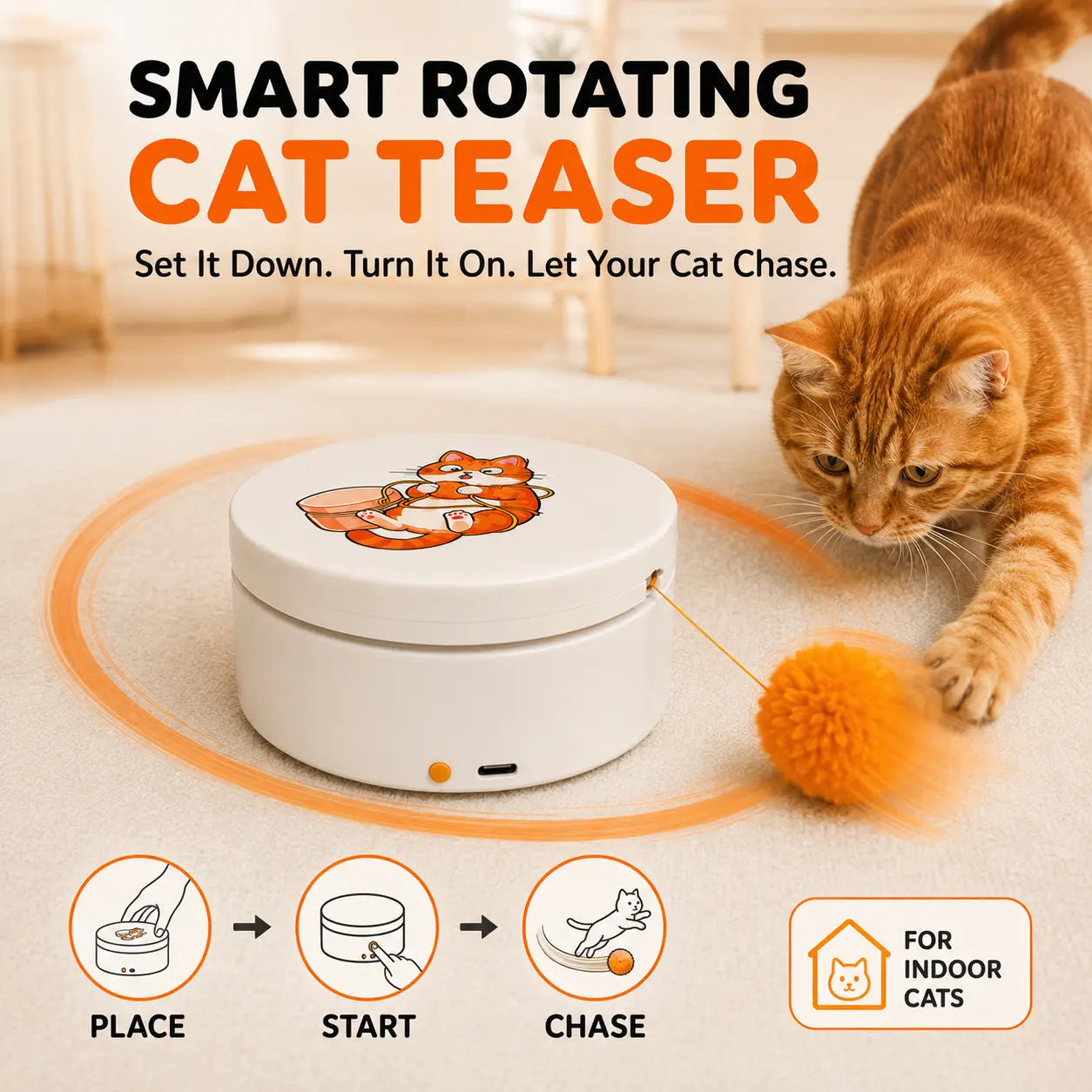 Interactive Smart Rotating Cat Teaser Toy with Rechargeable Battery, Five Play Modes, Touch Activation, Auto Sleep Function, Versatile Mounting Options, and Replaceable String for Indoor Cats and Kittens