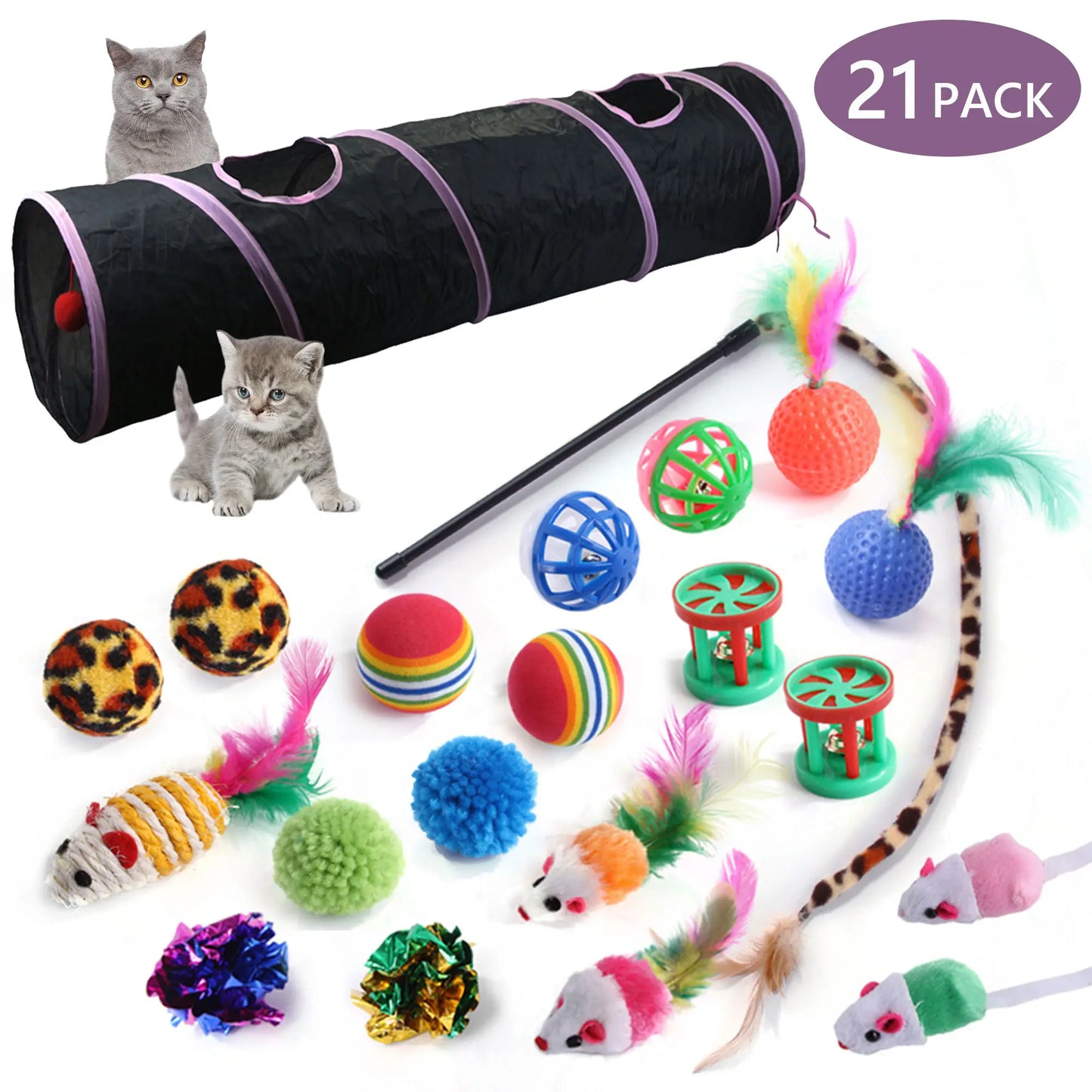 21-Piece Interactive Cat Toy Set Featuring Black Tunnel, Plush Mouse Chaser, Rattling Paper Balls, and Spring Hose for Cats and Kittens