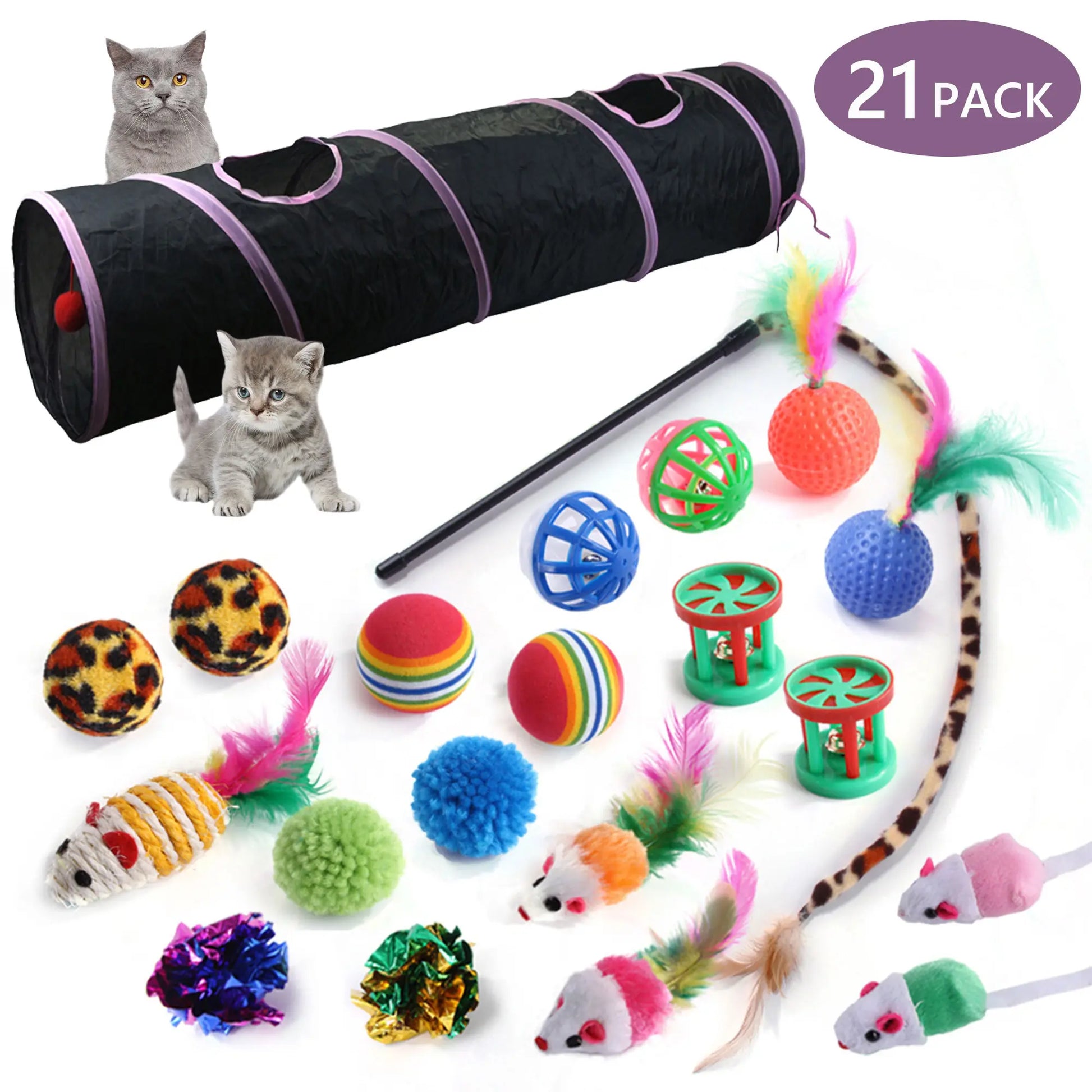 21-Piece Interactive Cat Toy Set Featuring Black Tunnel, Plush Mouse Chaser, Rattling Paper Balls, and Spring Hose for Cats and Kittens