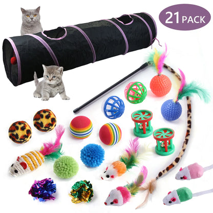 21-Piece Interactive Cat Toy Set Featuring Black Tunnel, Plush Mouse Chaser, Rattling Paper Balls, and Spring Hose for Cats and Kittens