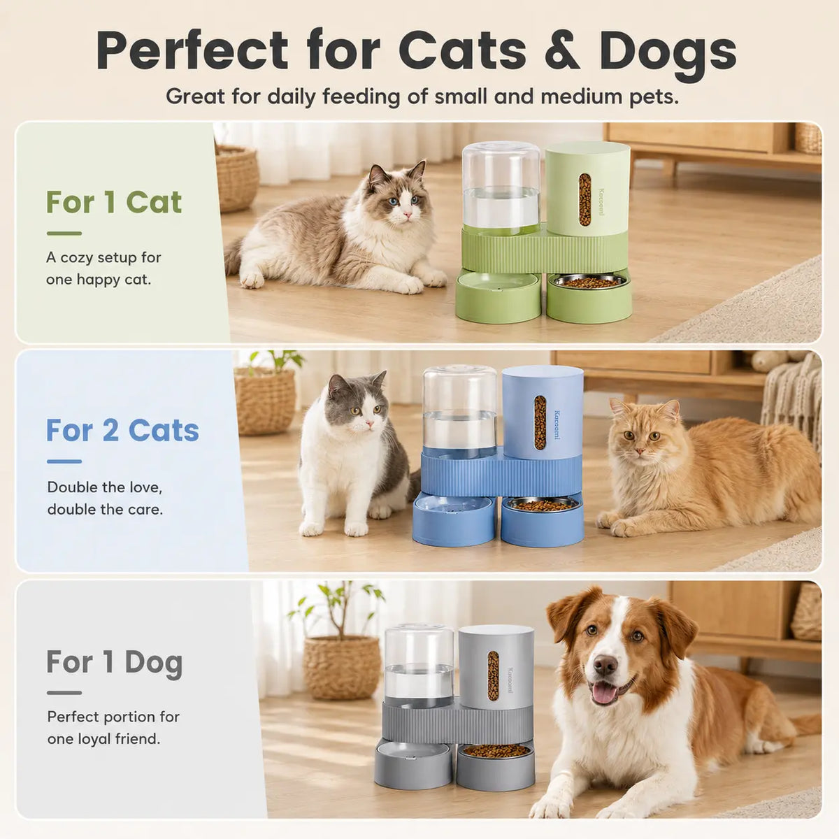 Kacoomi 2-Pack Automatic Gravity Feeder and Water Dispenser Set for Cats and Dogs - 2.4L Auto-Refill Water Capacity and 88Oz Food Capacity with Stainless Steel Bowl and Easy-Clean Design