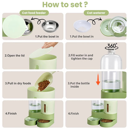 Kacoomi 2-Pack Automatic Gravity Feeder and Water Dispenser Set for Cats and Dogs - 2.4L Auto-Refill Water Capacity and 88Oz Food Capacity with Stainless Steel Bowl and Easy-Clean Design