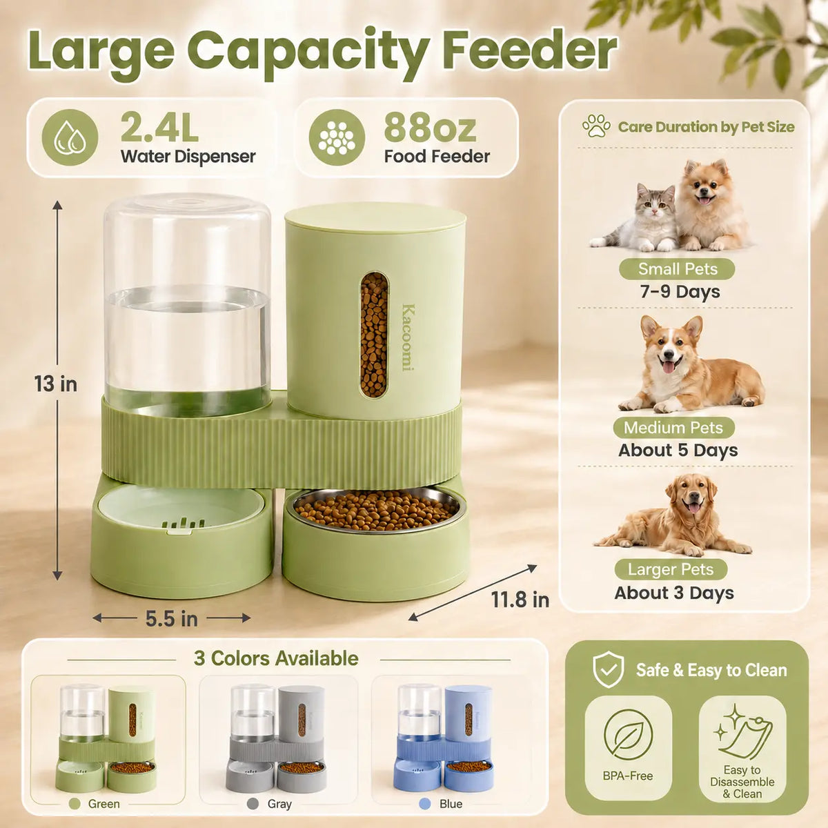 Kacoomi 2-Pack Automatic Gravity Feeder and Water Dispenser Set for Cats and Dogs - 2.4L Auto-Refill Water Capacity and 88Oz Food Capacity with Stainless Steel Bowl and Easy-Clean Design