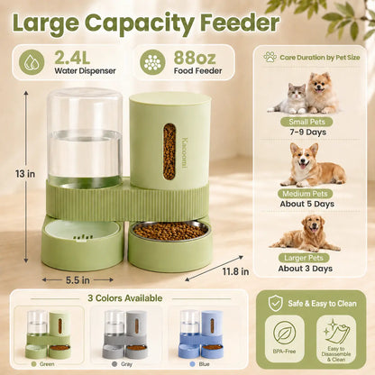 Kacoomi 2-Pack Automatic Gravity Feeder and Water Dispenser Set for Cats and Dogs - 2.4L Auto-Refill Water Capacity and 88Oz Food Capacity with Stainless Steel Bowl and Easy-Clean Design