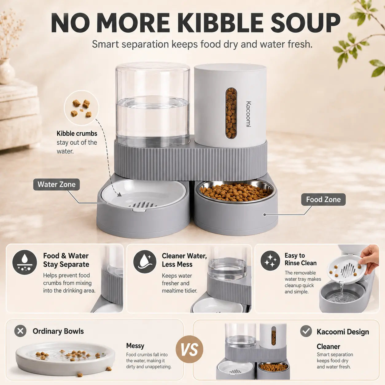 Kacoomi 2-Pack Automatic Gravity Feeder and Water Dispenser Set for Cats and Dogs - 2.4L Auto-Refill Water Capacity and 88Oz Food Capacity with Stainless Steel Bowl and Easy-Clean Design