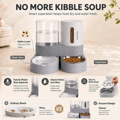 Kacoomi 2-Pack Automatic Gravity Feeder and Water Dispenser Set for Cats and Dogs - 2.4L Auto-Refill Water Capacity and 88Oz Food Capacity with Stainless Steel Bowl and Easy-Clean Design