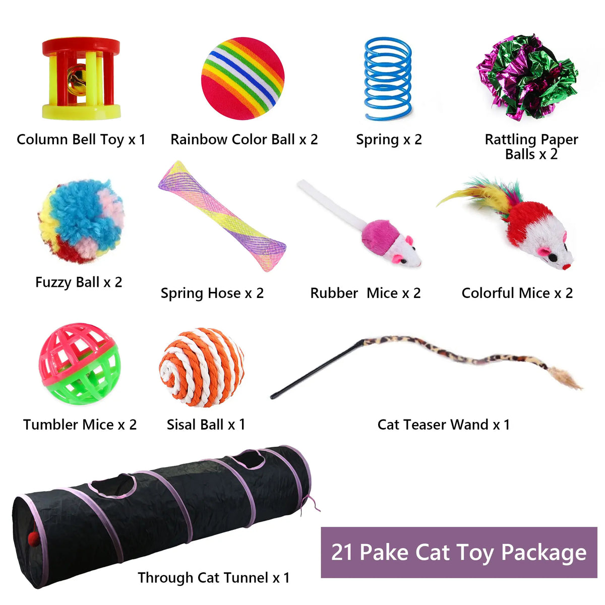 21-Piece Interactive Cat Toy Set Featuring Black Tunnel, Plush Mouse Chaser, Rattling Paper Balls, and Spring Hose for Cats and Kittens