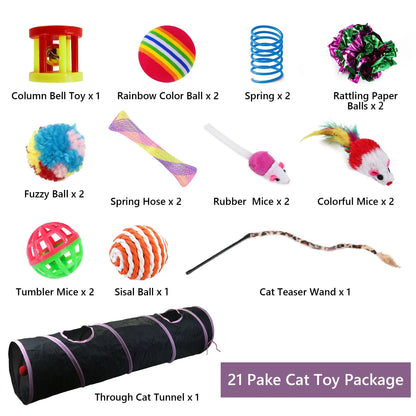 21-Piece Interactive Cat Toy Set Featuring Black Tunnel, Plush Mouse Chaser, Rattling Paper Balls, and Spring Hose for Cats and Kittens