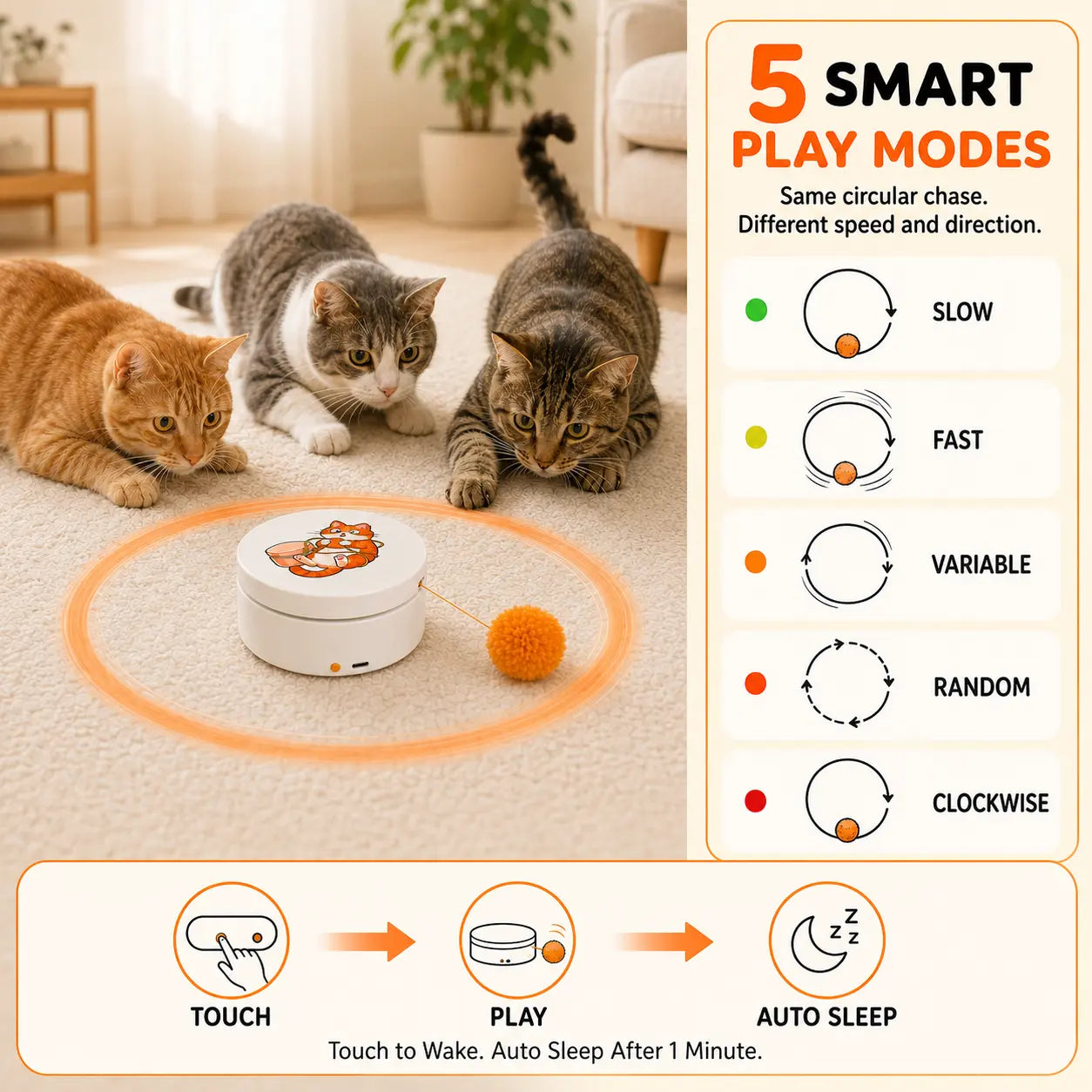 Interactive Smart Rotating Cat Teaser Toy with Rechargeable Battery, Five Play Modes, Touch Activation, Auto Sleep Function, Versatile Mounting Options, and Replaceable String for Indoor Cats and Kittens