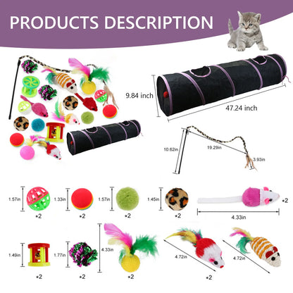 21-Piece Interactive Cat Toy Set Featuring Black Tunnel, Plush Mouse Chaser, Rattling Paper Balls, and Spring Hose for Cats and Kittens