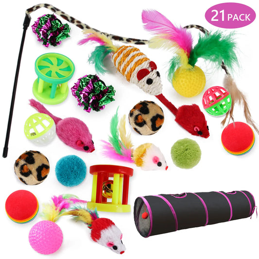 21-Piece Interactive Cat Toy Set Featuring Black Tunnel, Plush Mouse Chaser, Rattling Paper Balls, and Spring Hose for Cats and Kittens