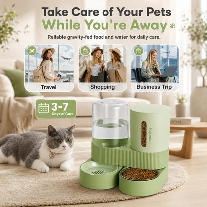 Kacoomi 2-Pack Automatic Gravity Feeder and Water Dispenser Set for Cats and Dogs - 2.4L Auto-Refill Water Capacity and 88Oz Food Capacity with Stainless Steel Bowl and Easy-Clean Design