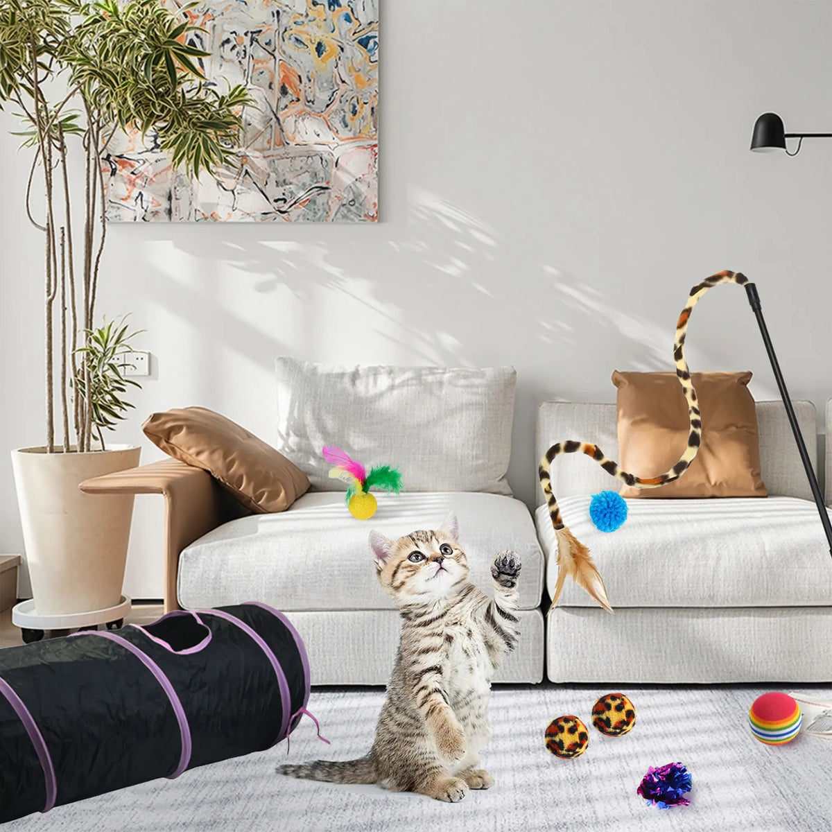 21-Piece Interactive Cat Toy Set Featuring Black Tunnel, Plush Mouse Chaser, Rattling Paper Balls, and Spring Hose for Cats and Kittens
