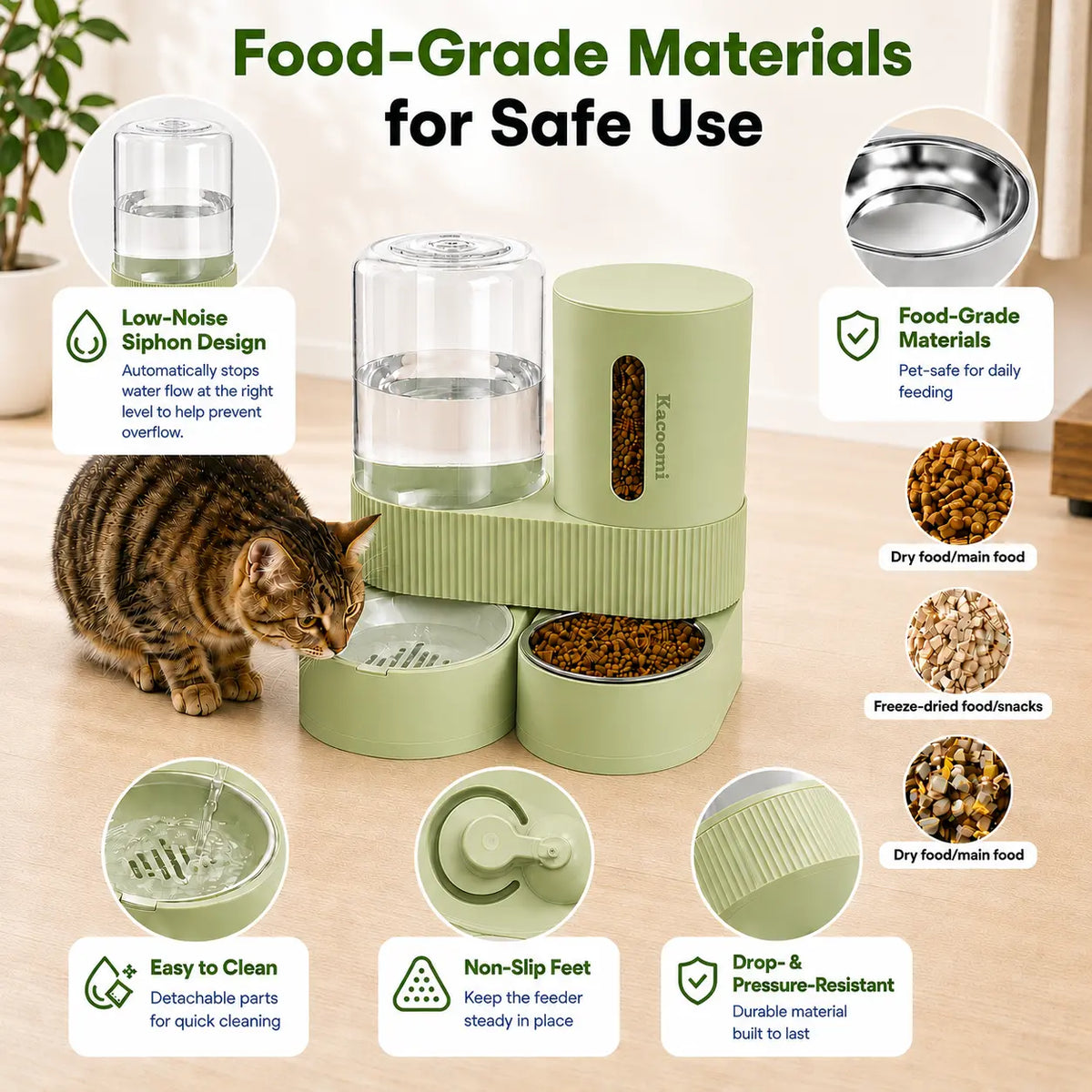 Kacoomi 2-Pack Automatic Gravity Feeder and Water Dispenser Set for Cats and Dogs - 2.4L Auto-Refill Water Capacity and 88Oz Food Capacity with Stainless Steel Bowl and Easy-Clean Design