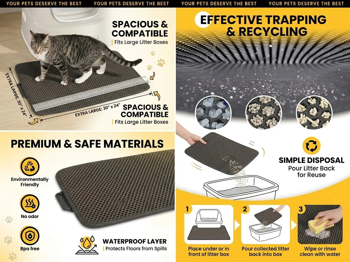 Honeycomb Grid Cat Litter Mat - Compact 23.6" x 14.6", Enhanced Waterproof and Leakproof Base, Efficient Litter Trap for Mess Prevention, Washable and Easy-to-Clean, Black