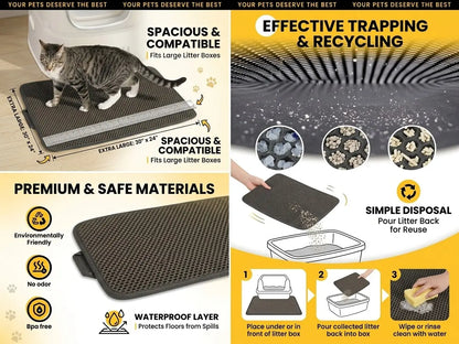 Honeycomb Grid Cat Litter Mat - Compact 23.6" x 14.6", Enhanced Waterproof and Leakproof Base, Efficient Litter Trap for Mess Prevention, Washable and Easy-to-Clean, Black