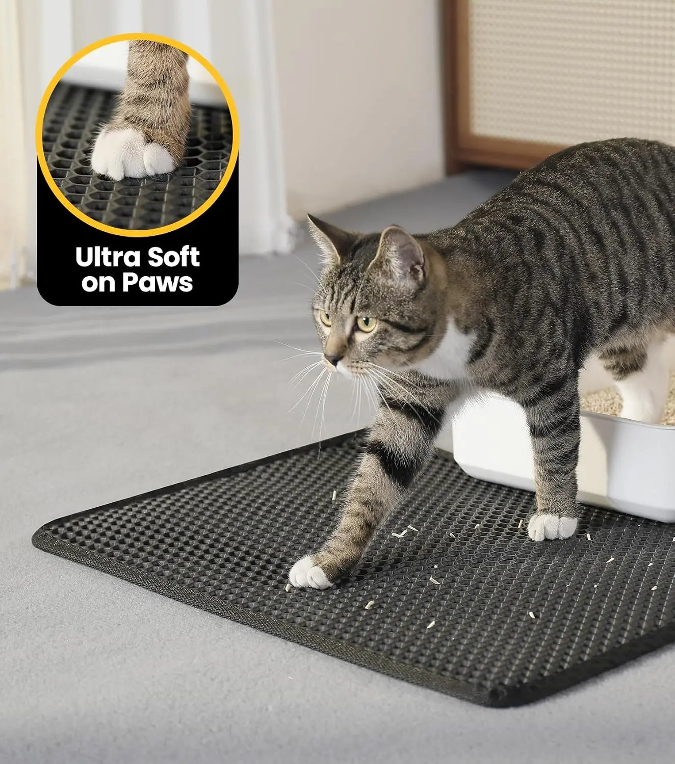 Honeycomb Grid Cat Litter Mat - Compact 23.6" x 14.6", Enhanced Waterproof and Leakproof Base, Efficient Litter Trap for Mess Prevention, Washable and Easy-to-Clean, Black